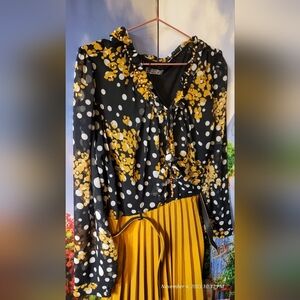 Success Women Collection Mustard Floral Polka Dot Pleated Dress Faux Pearls Atch